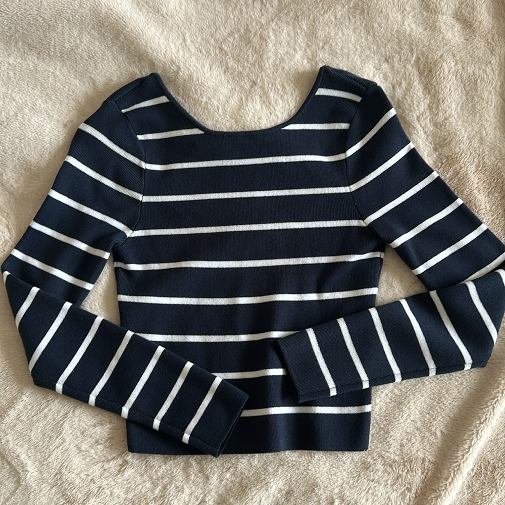 Zara Navy and White Striped Crop sweater